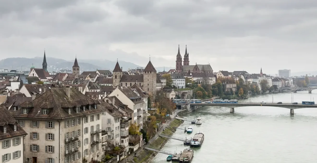 Immobilienpreise Basel Stadtpanorama mit Wohngebäuden am Rhein