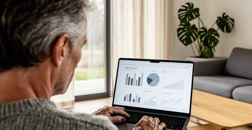 Person analysiert Immobilienpreise Basel auf Laptop im Wohnzimmer